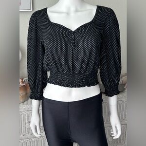 Free People Crop Top White Polka Dots on Black Puff Sleeve Stretchy Cotton Sz. S